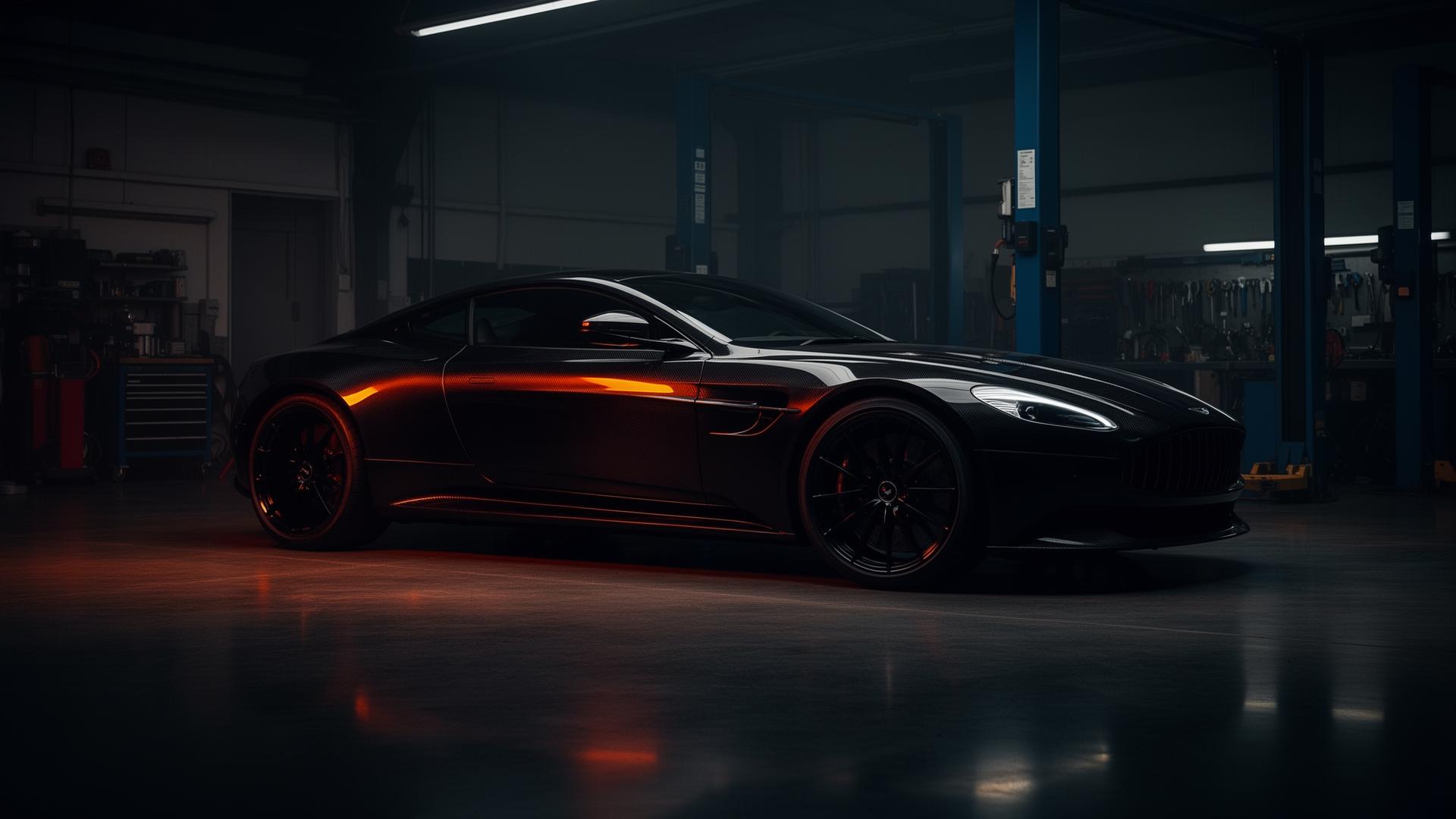 Black sports car in a professional auto service garage
